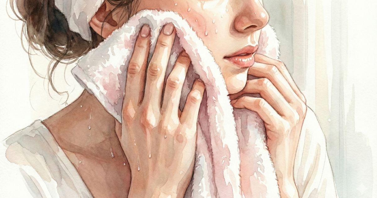 タオルで頬の水滴をそっと拭う女性の横顔のイラスト
