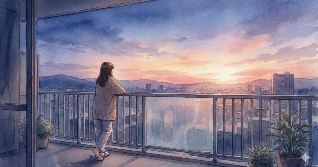 朝焼けの空の下、バルコニーで街と水辺を静かに見つめる女性の後ろ姿のイラスト
