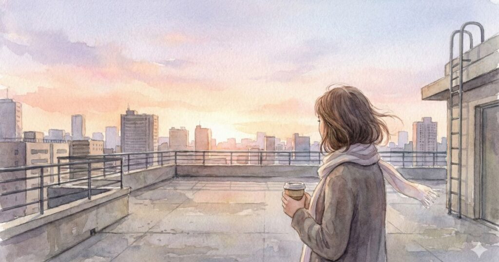 夕暮れの屋上で、街の景色を前にコーヒーカップを両手で持ち、静かに立ち尽くす人物の水彩イラスト