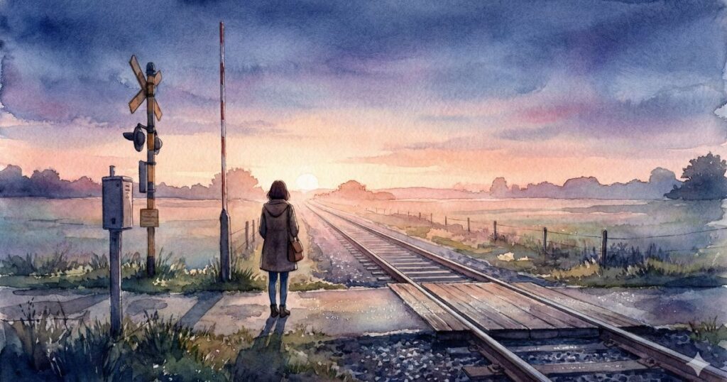 朝焼けの踏切で、線路の先を静かに見つめて立つ女性の後ろ姿のイラスト