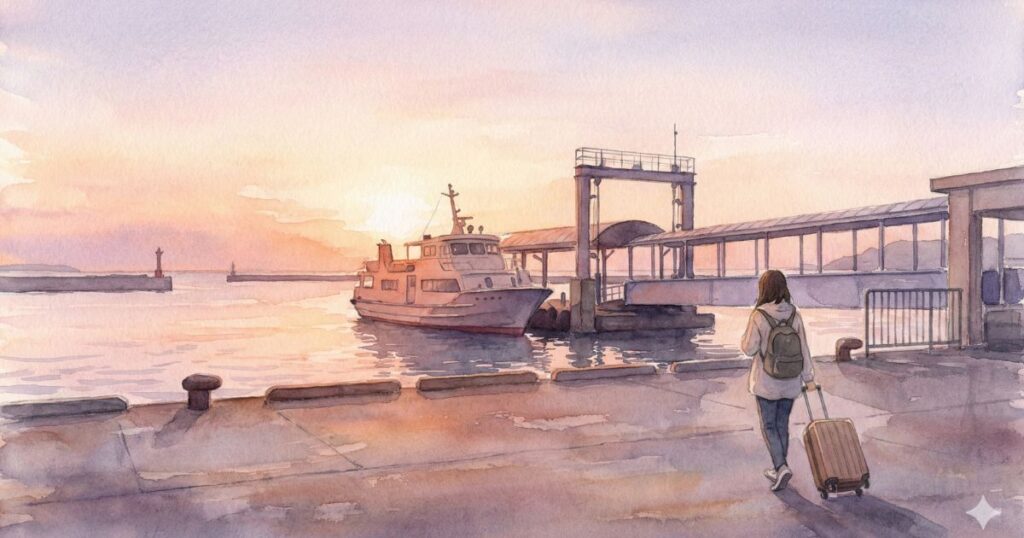 夜明けの港で、フェリー乗り場に停泊する船を前に、キャリーバッグを引いて立ち止まる女性の後ろ姿を描いた水彩イラスト