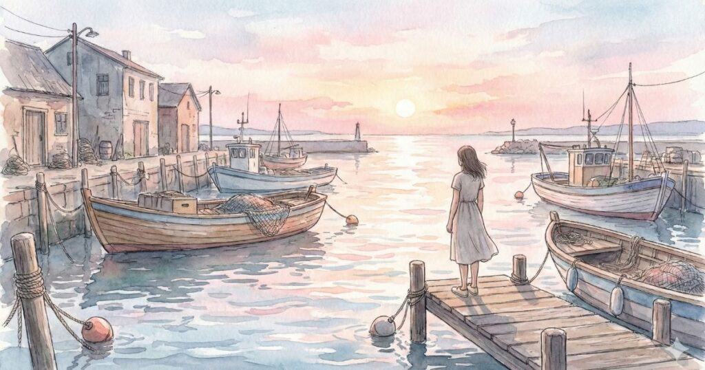 朝の漁港で、静かな海と停泊する船を前に佇む女性の後ろ姿を描いた水彩風イラスト