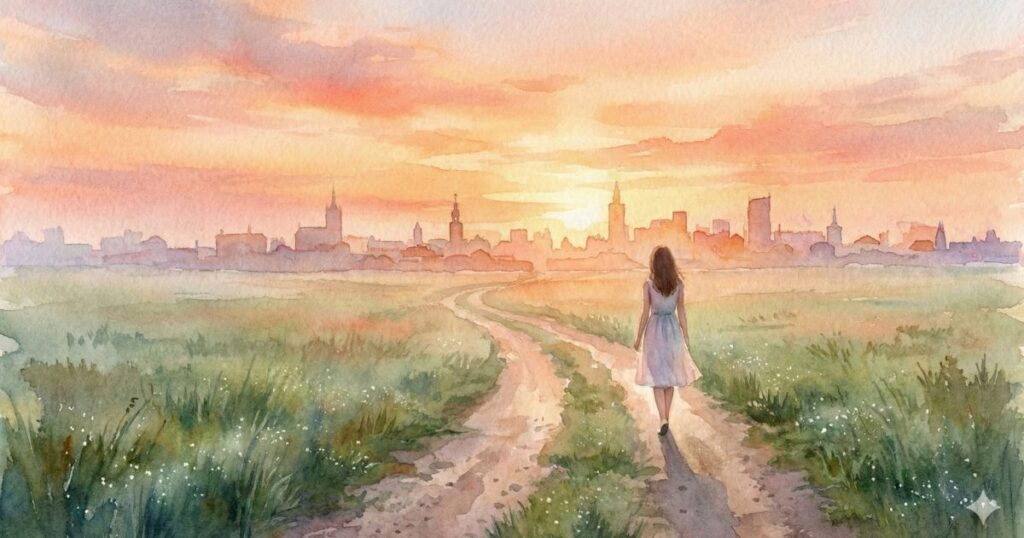 朝焼けの空の下、草原の道をひとり歩き、遠くの街へ向かう女性の後ろ姿の水彩イラスト