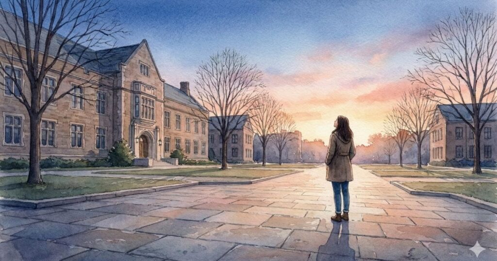 夜明けの校舎が並ぶ道に、一人で立ち止まり朝の空を見つめる女性の後ろ姿