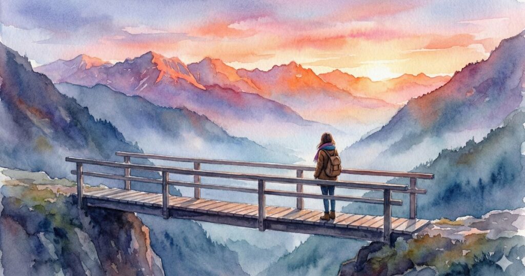 朝焼けの山々を前に、木の橋の上で立ち止まり遠くを見つめる女性の後ろ姿