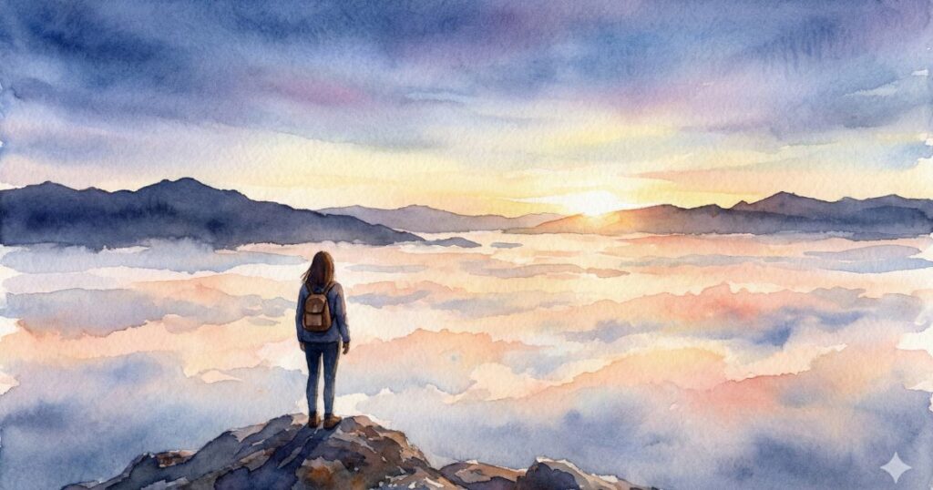 雲海に包まれた山の上で、朝焼けの空を背に立つリュック姿の女性の後ろ姿