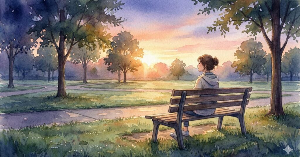 公園のベンチに座り、朝焼けの空を静かに見つめる女性の後ろ姿