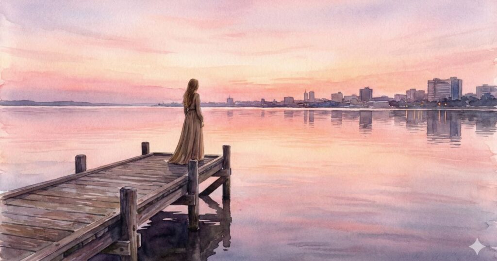 朝焼けに染まる静かな水辺の桟橋に立ち、遠くの街並みを見つめる女性の後ろ姿のイラスト