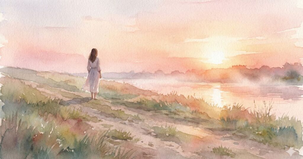 朝焼けの川沿いの土手に立ち、静かに水面を見つめる女性の後ろ姿を描いた水彩風イラスト