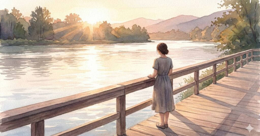 朝日が差し込む川沿いの遊歩道で、水面を見つめながら立つ女性の後ろ姿のイラスト