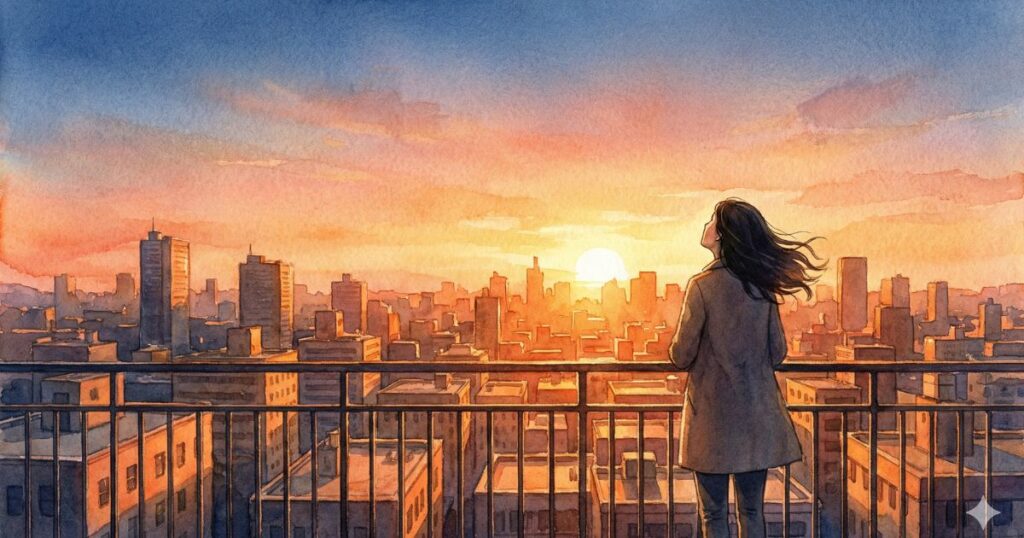 朝焼けに包まれた街を見下ろす屋上で、昇る太陽を静かに見つめる女性の後ろ姿の水彩イラスト