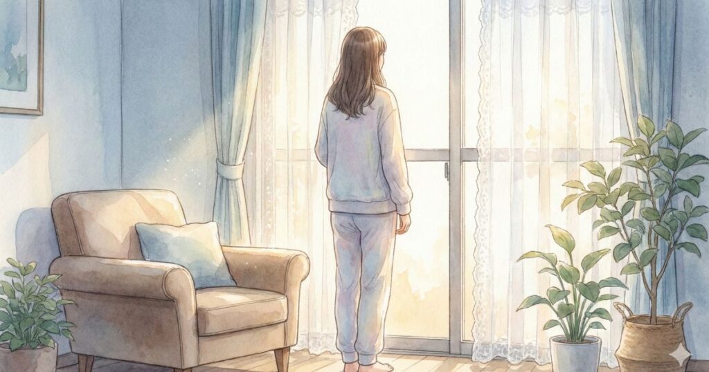 朝の光が差し込む部屋で、カーテン越しの窓の前に静かに立つ女性の後ろ姿を描いたイラスト