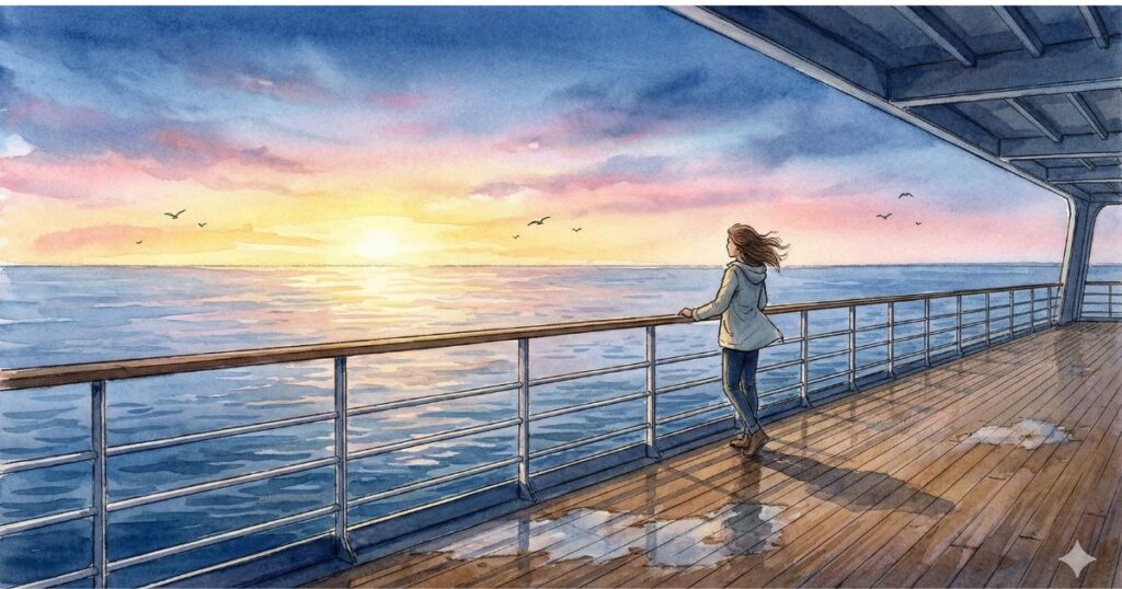 海に上りかける朝日を前に、デッキの手すりにもたれて静かに水平線を見つめる女性の水彩風イラスト