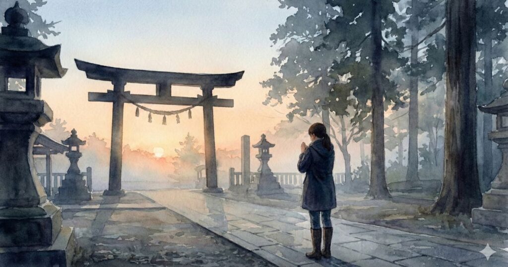 朝霧に包まれた神社の境内で、鳥居の前に立ち、手を合わせて祈る女性の後ろ姿