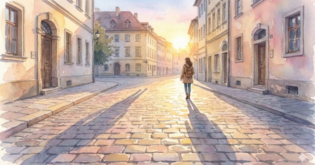 石畳の街並みを、朝の光に向かって一人歩く女性の後ろ姿