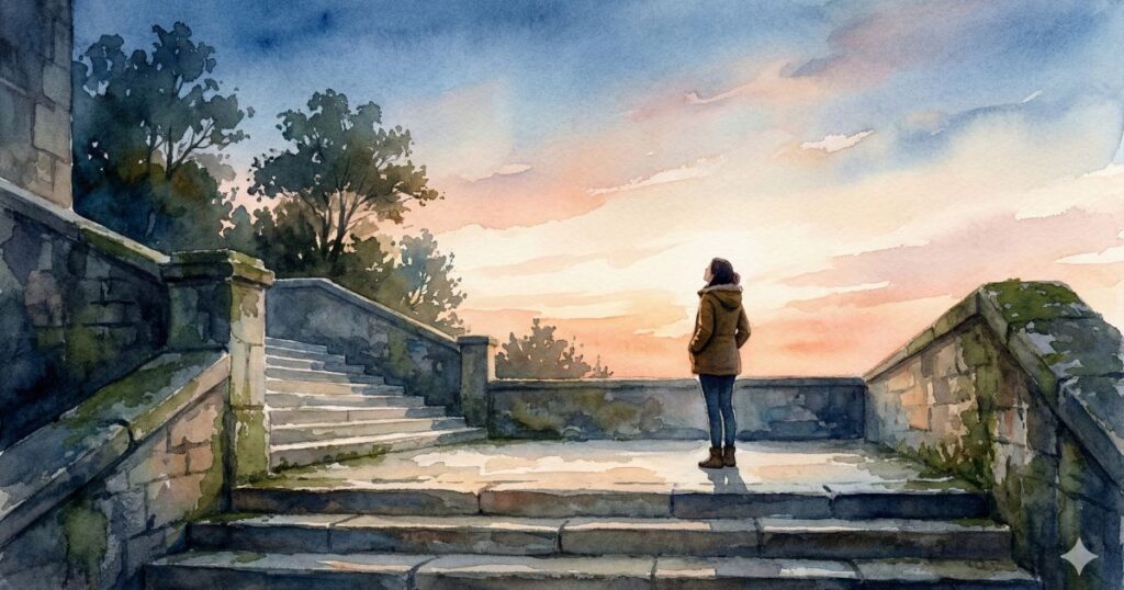 朝焼けの空の下、石の階段の上で立ち止まり、静かに空を見つめる女性の後ろ姿