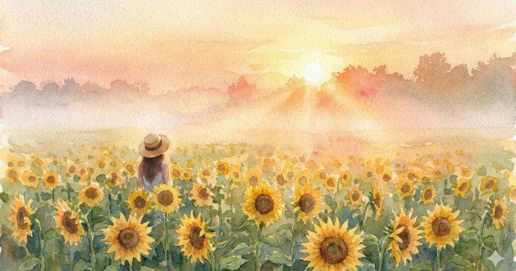 ひまわり畑の中で、帽子をかぶった女性が背中を向けて立ち、朝の光に包まれている風景