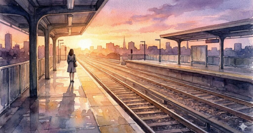 朝焼けに染まる駅のホームで、線路の先を見つめながら一人立つ女性の後ろ姿のイラスト