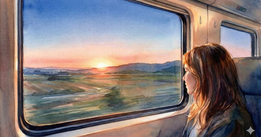 夜明けの車窓から広がる風景を静かに見つめる女性の横顔の水彩イラスト