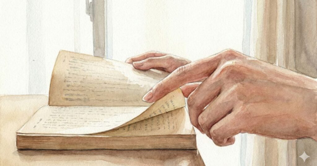 古い本のページを、そっと指先でめくる手元の水彩イラスト