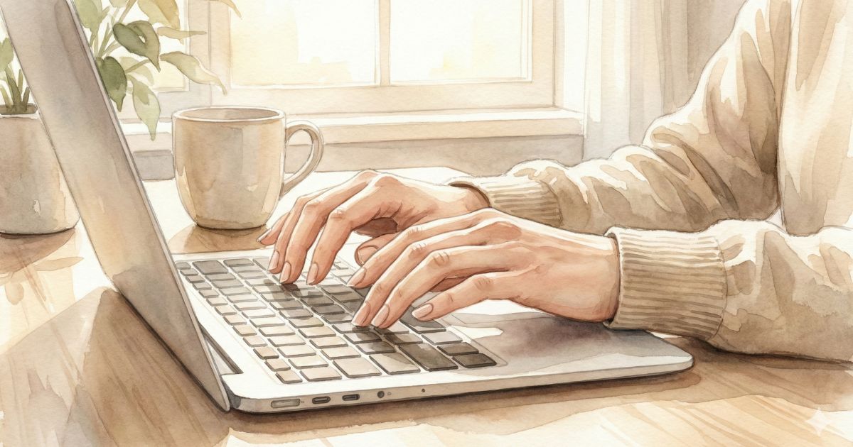 ノートパソコンのキーボードにそっと指を置き、静かに文章を打っている手元と、横に置かれたマグカップ