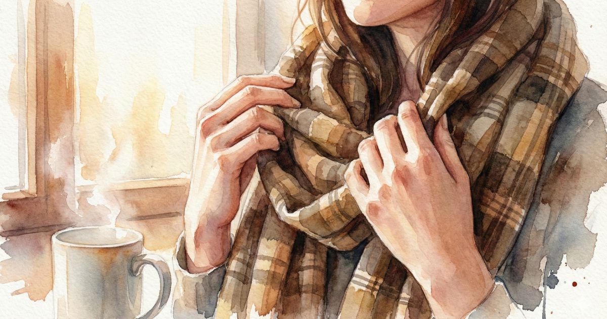 窓辺でチェック柄のストールを整えながら、温かい飲み物のマグカップのそばに立つ女性のイラスト