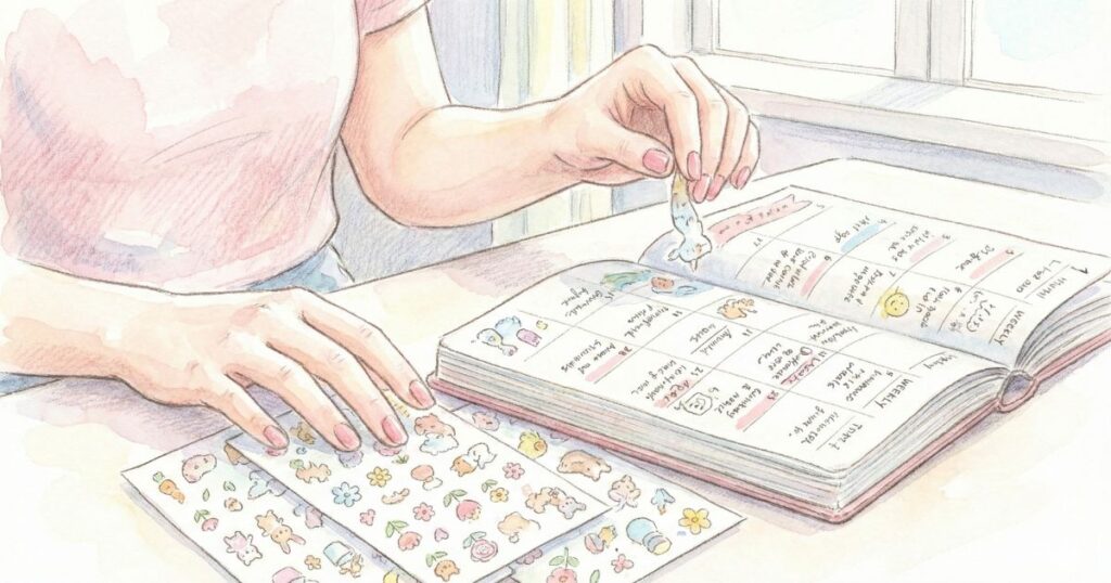 窓辺の机で手帳に動物や花のシールを貼る女性の手元