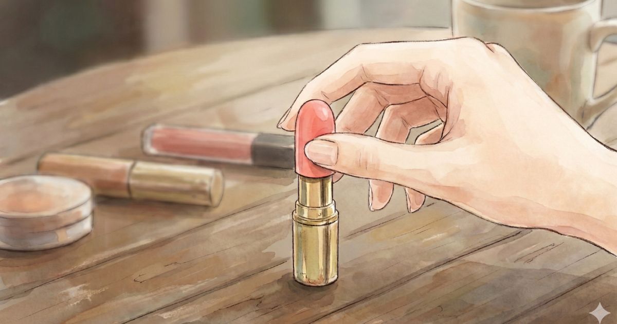 木製テーブルの上で、女性の手がピンク色の口紅のキャップを閉めようとしているイラスト