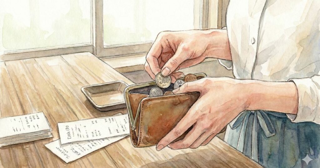 木のテーブルでがま口財布から小銭を取り出し、レシートの横で数えている女性の水彩イラスト