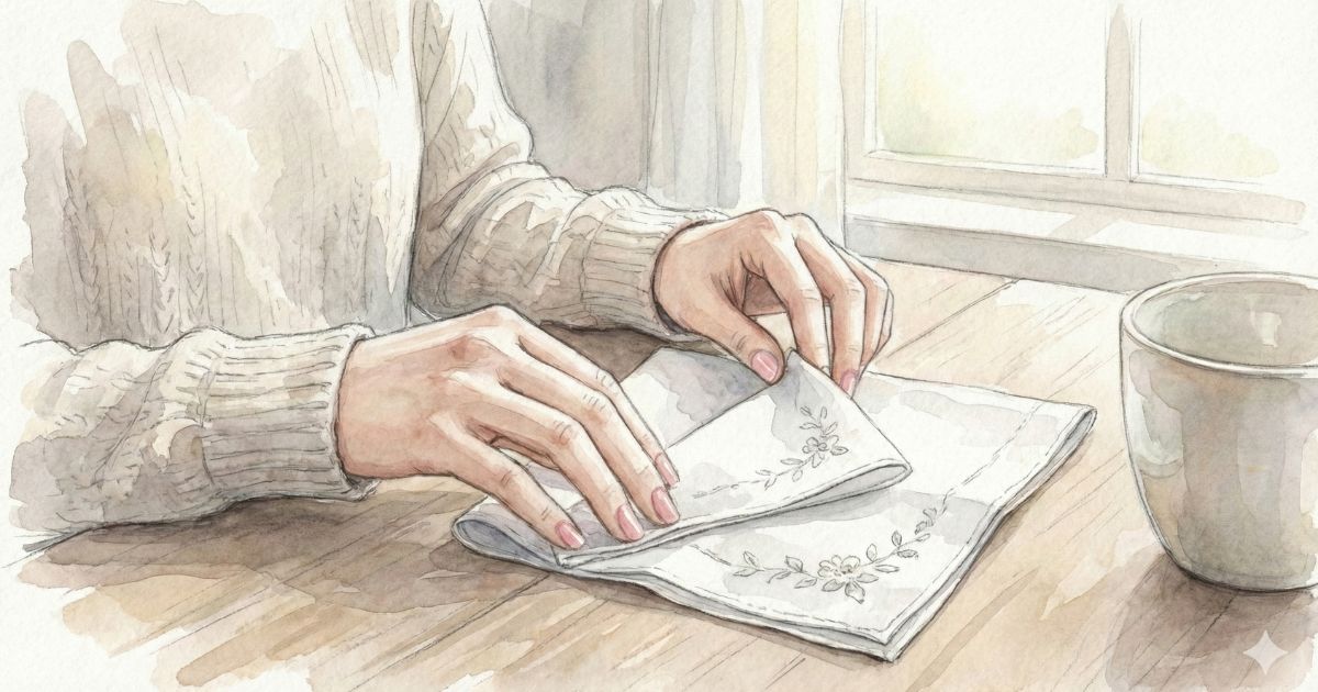 木のテーブルの上で、女性が白いハンカチを丁寧にたたんでいる手元のイラスト