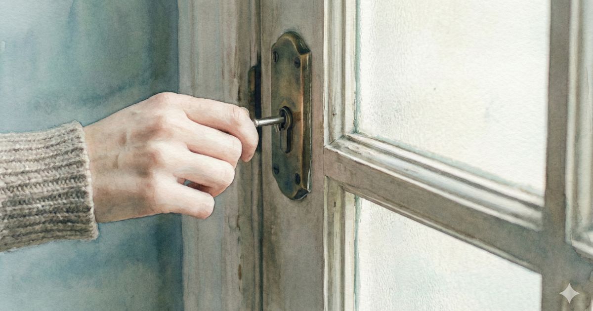 古い木の扉の鍵穴に、そっと鍵を差し込む女性の手元