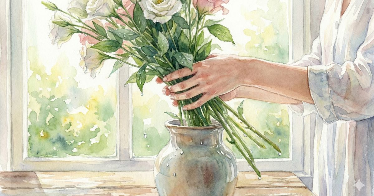 窓辺で花束をガラスの花瓶に生ける女性の手を描いたやわらかな水彩画