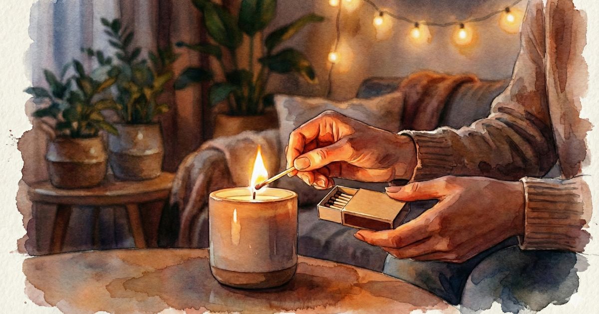 部屋の中で、マッチでキャンドルに火を灯す手元。柔らかな灯りと観葉植物が並ぶ、静かな夜のワンシーン。