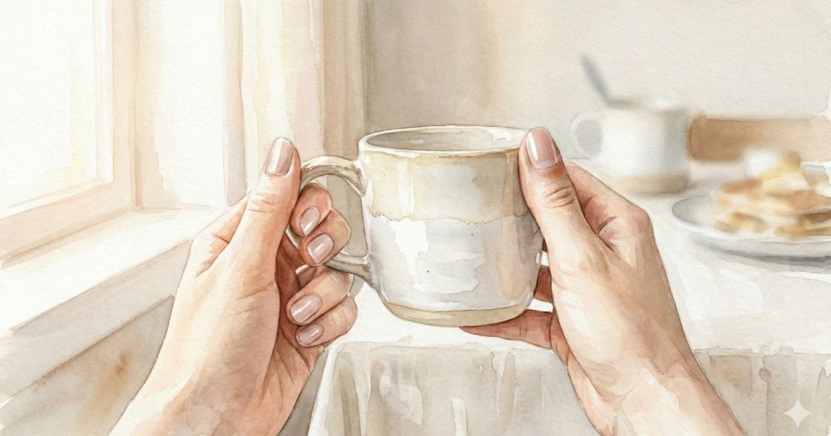 窓辺の柔らかな光の中で、両手で白いマグカップを包む女性の手元のイラスト