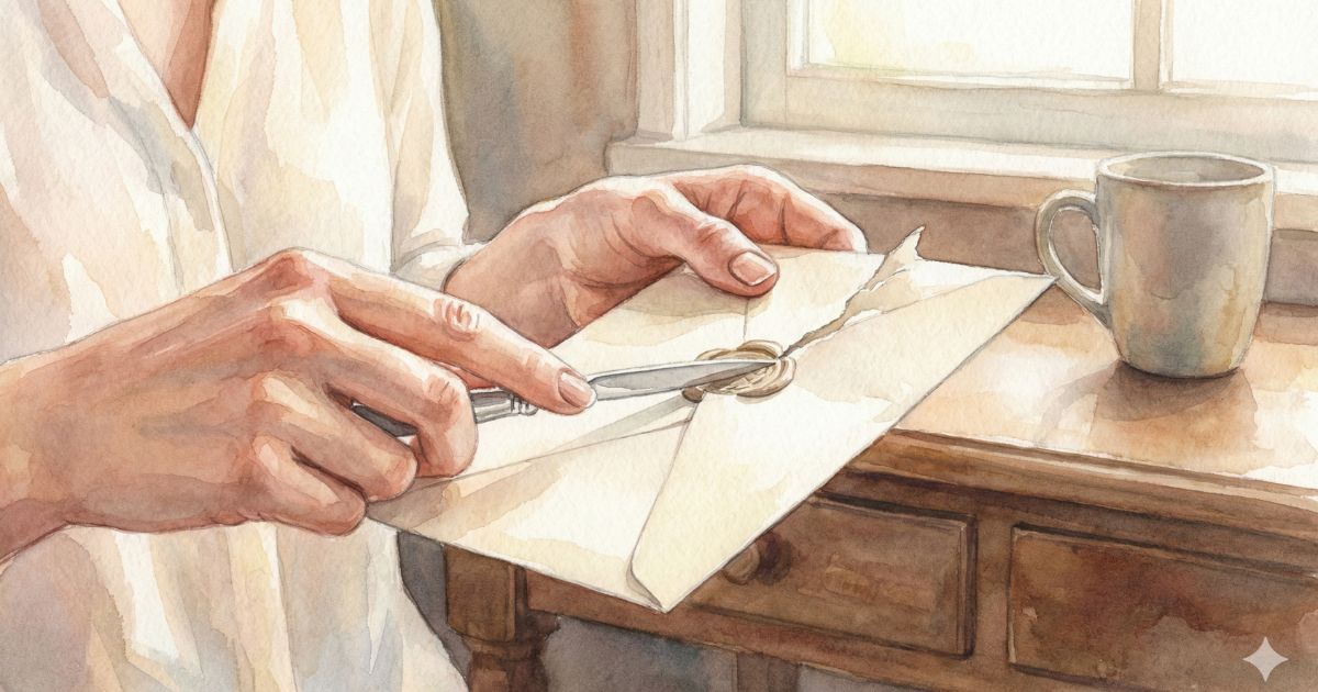 封蝋された手紙を、女性が小さなナイフで静かに開いている手元の様子