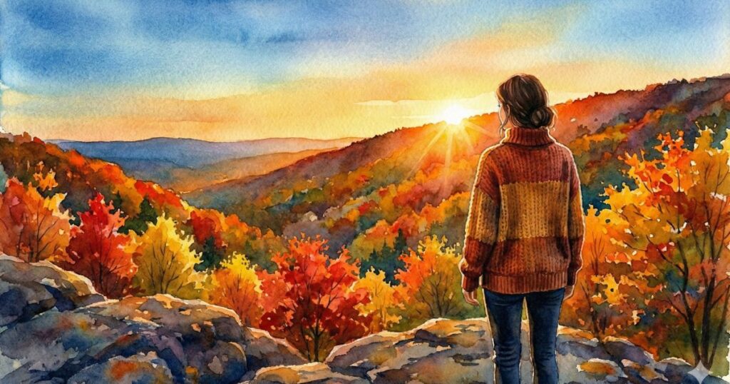 朝日の差し込む秋色の山々を前に、女性が立ち止まり、静かに景色を見つめている。