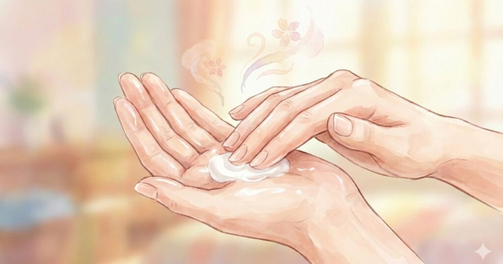 手のひらに出したハンドクリームを指でやさしく広げている女性の手元のイラスト