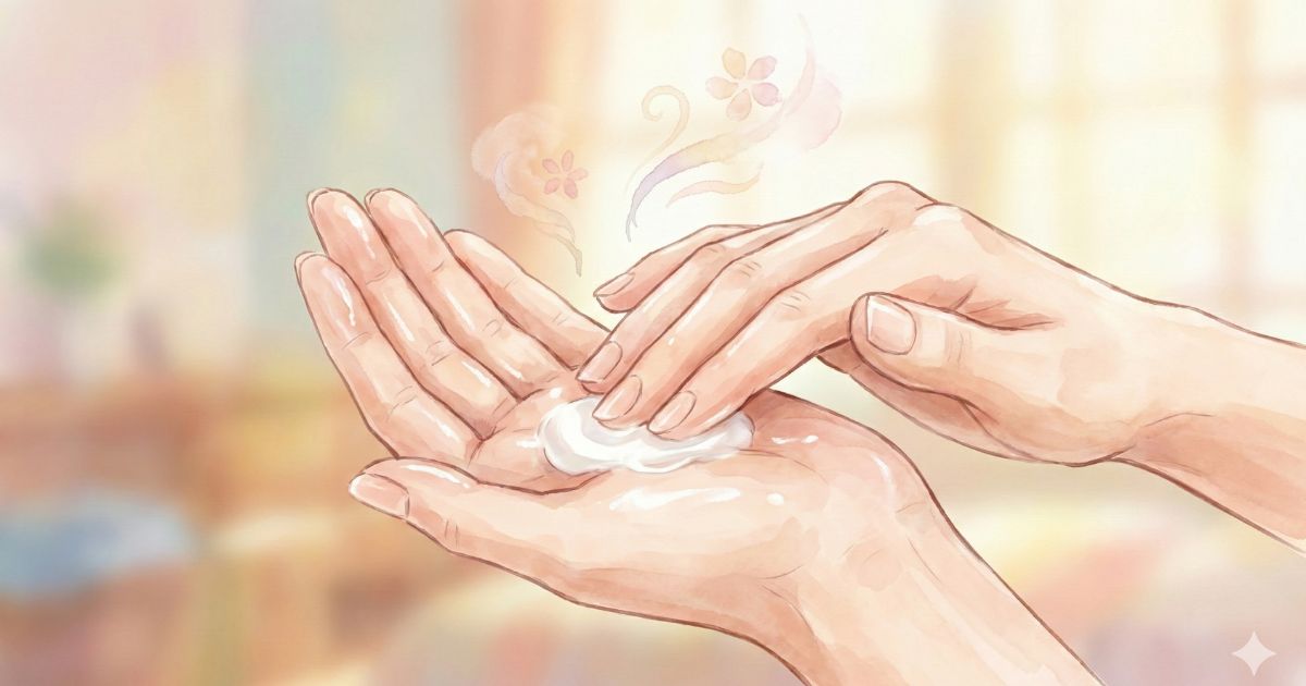 手のひらに出したハンドクリームを指でやさしく広げている女性の手元のイラスト