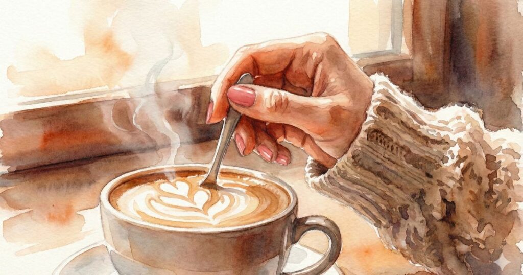 温かいカフェラテのカップを、女性の手がスプーンで静かにかき混ぜている水彩風のイラスト