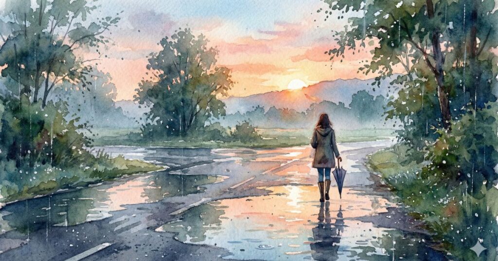 雨上がりの朝、濡れた道に朝焼けが映る中、傘を手にひとり歩く女性の後ろ姿のイラスト