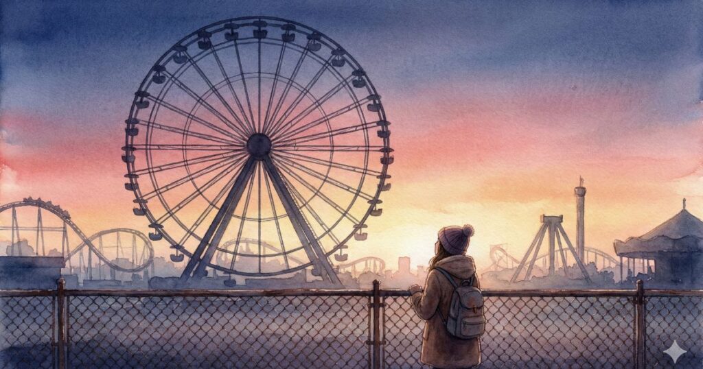 夜明けの遊園地で、大きな観覧車を静かに見つめる女性の後ろ姿を描いた水彩風のイラスト