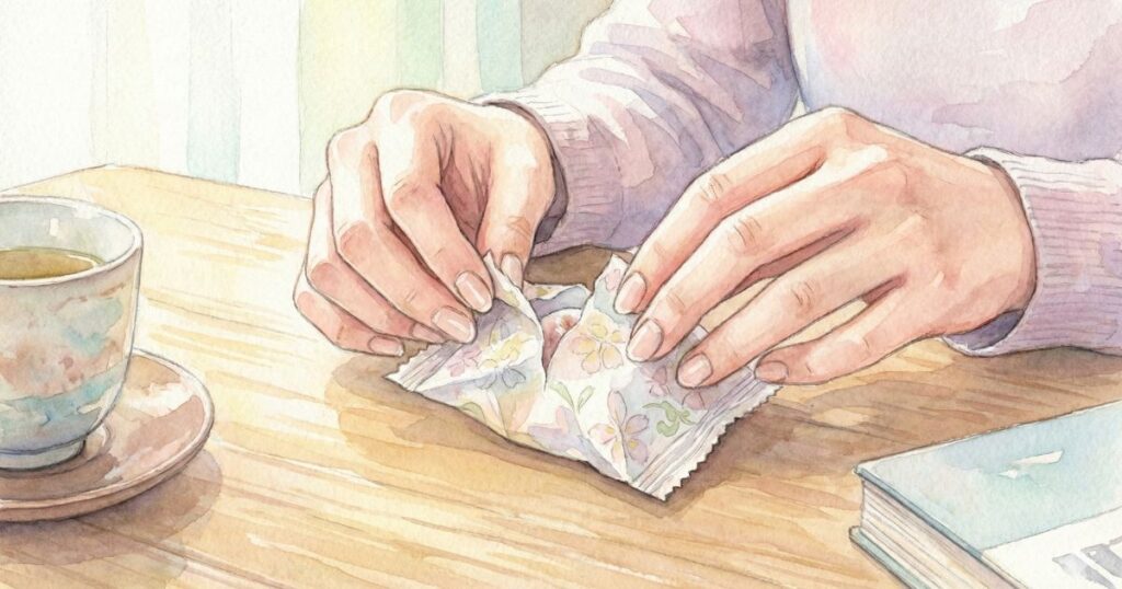 テーブルの上で、女性の手が小さな包みをそっと開いている。隣には湯気の立たないコーヒーカップが置かれている。