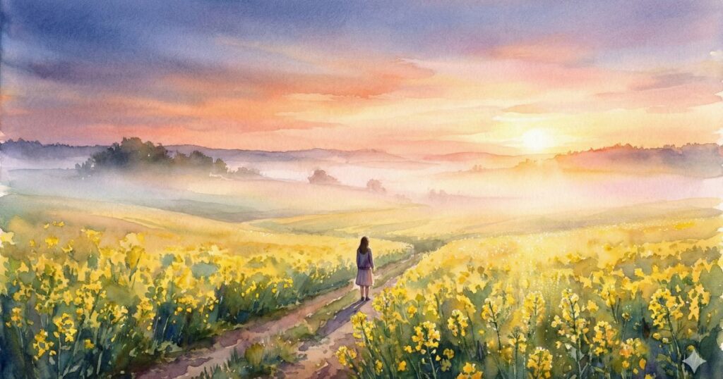 朝焼けの空の下、菜の花畑の小道を一人の女性が静かに歩いている風景