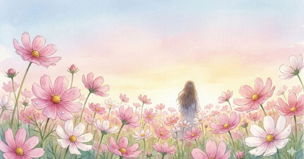 朝焼けの光に包まれたコスモス畑で、背中を向けた女性が立っているやわらかなイラスト