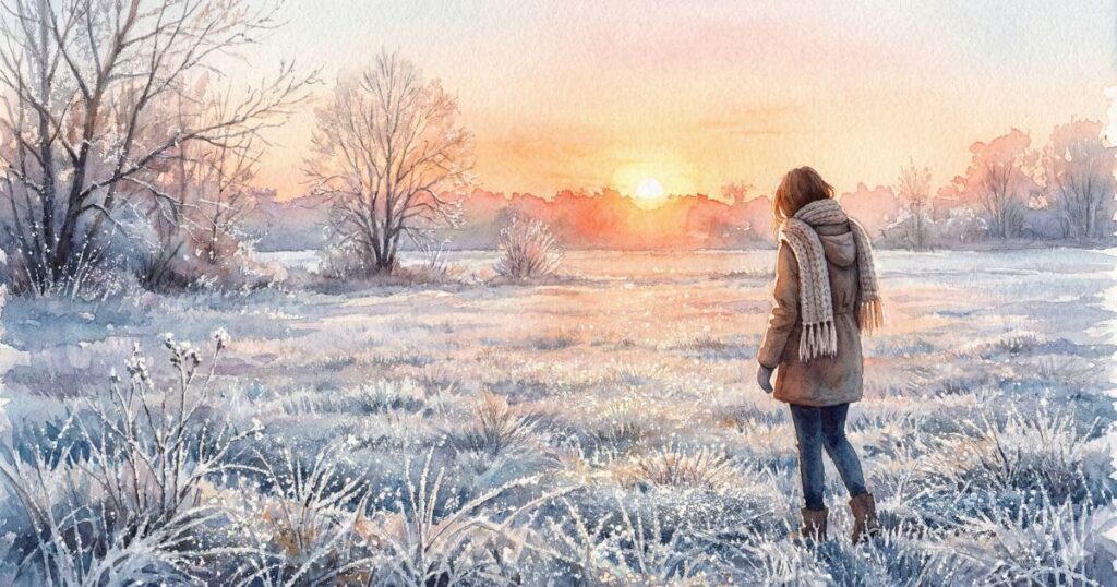 霜が降りた冬の野原で、朝日を見つめながら立つコート姿の女性のイラスト