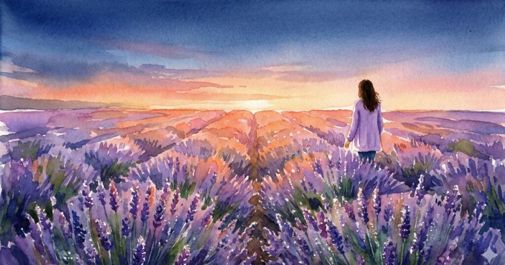夕焼けに染まるラベンダー畑の中で、地平線を見つめて立つ女性の後ろ姿