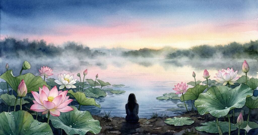 夜明けの蓮池のほとりで、水面を見つめながら静かに座る女性のシルエットを描いた幻想的な風景画