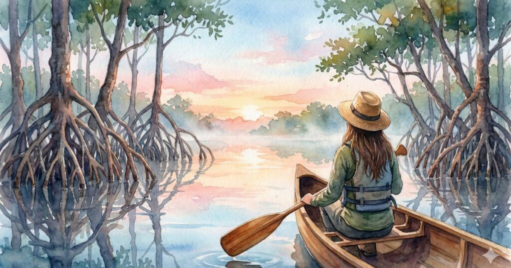 マングローブの森の水路を、朝焼けの中カヌーで進む麦わら帽子の女性の水彩イラスト