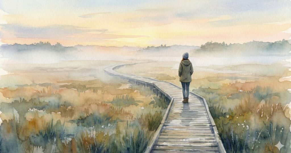 夜明けの霧に包まれた湿原の木道を、女性がひとり歩いている風景のイラスト