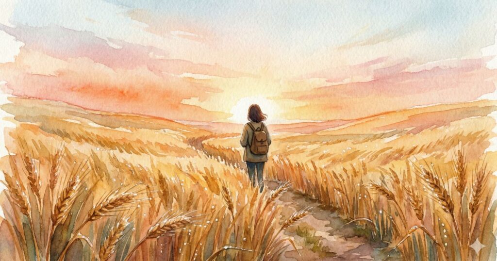 朝焼けの麦畑の中を、リュックを背負った女性が一人歩いている水彩イラスト